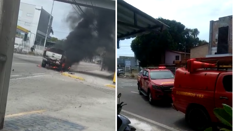 Hilux pega fogo na Washington Soares, e motorista é retirado às pressas por policiais: veja imagens