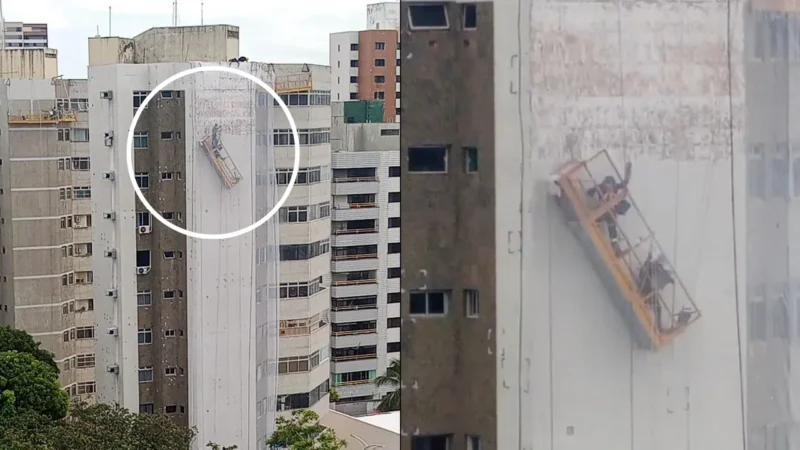 Vídeo: Operários ficam pendurados em plataforma de prédio no bairro Aldeota